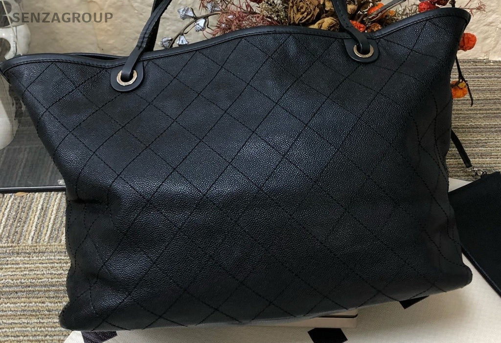 Chanel Diamond Pattern Tote Top Handle Shoulder Bag Black Red Women Classic