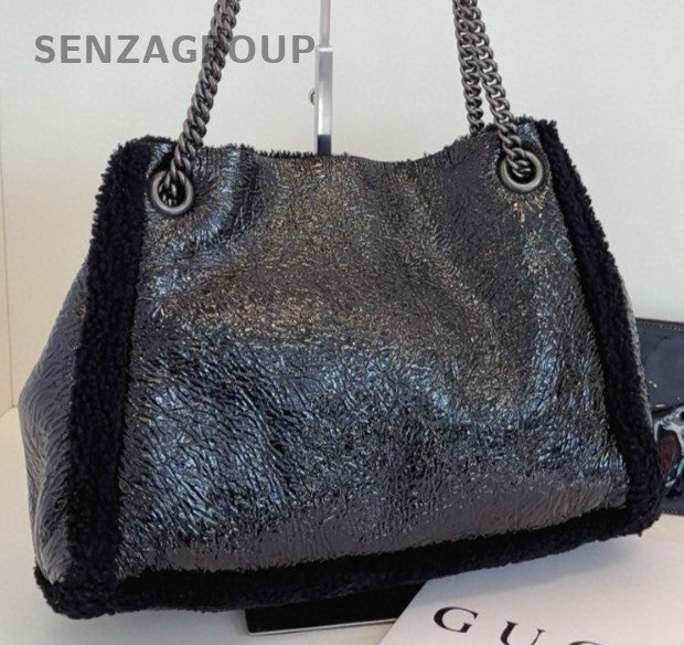 Gucci Soho Tote Chain Lambskin Shoulder Bag Black Silver Women Classic Fashion