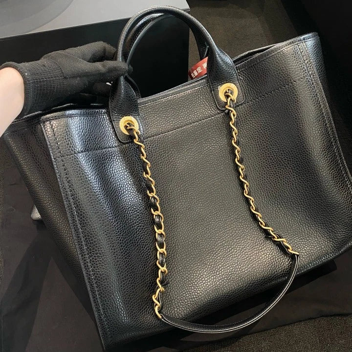 Chanel Tote GM Calfskin Top Handle Shoulder Bag Black Gold Hardware Women D