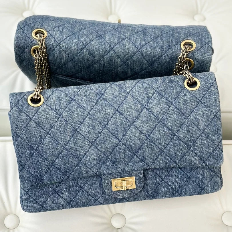 Chanel Denim Diamond Chain Shoulder Crossbody Bag Blue Gold Women S