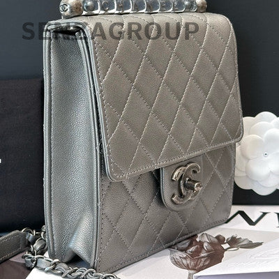 Chanel Grey Quilted Bag with Silver Pearl Chain Strap