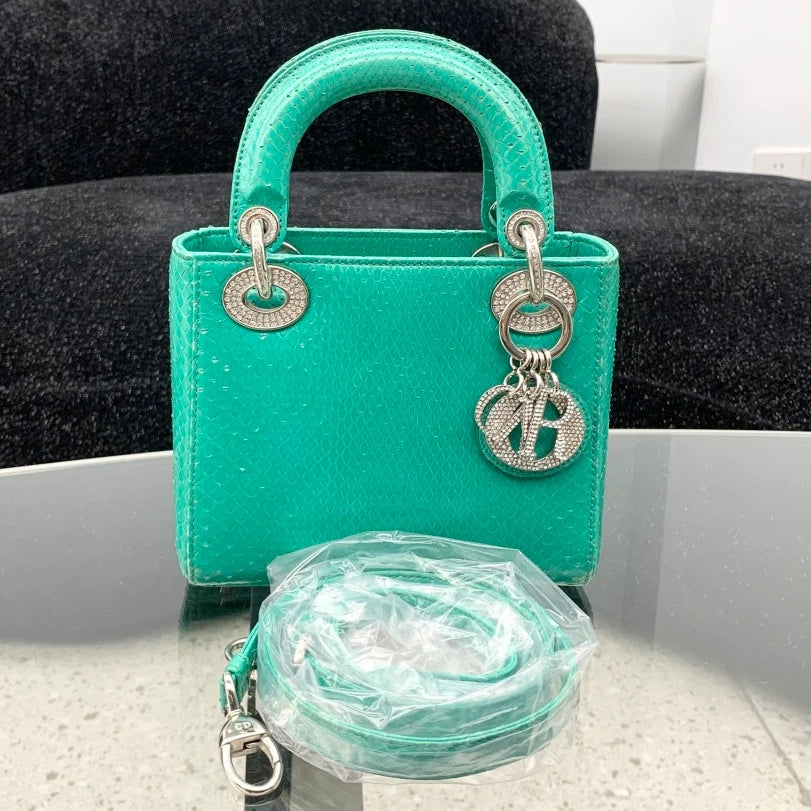 Christian Dior Lady Dior 2Way Top Handle Bag Crossbody Green Silver Women S