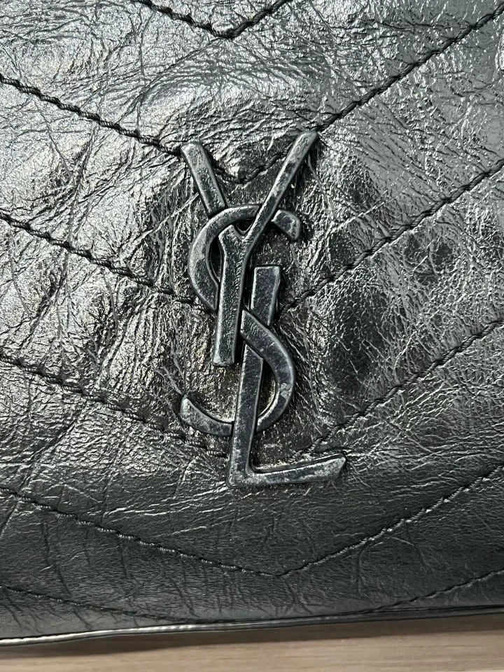 YSL Black Silver Leather Shopping Tote Bag For Women