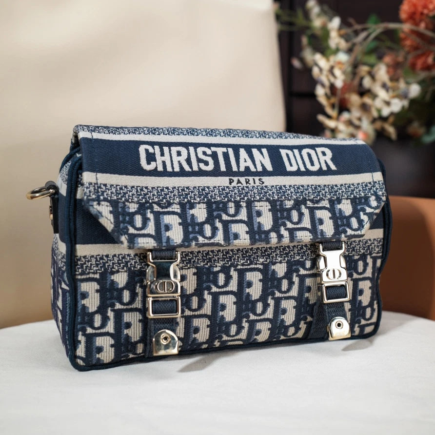Christian Dior Camp PM Oblique Canvas Blue Shoulder Bag Crossbody SHW