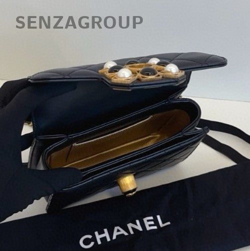 Chanel Calfskin Chain Shoulder Bag Black Gold Classic Women Diamond
