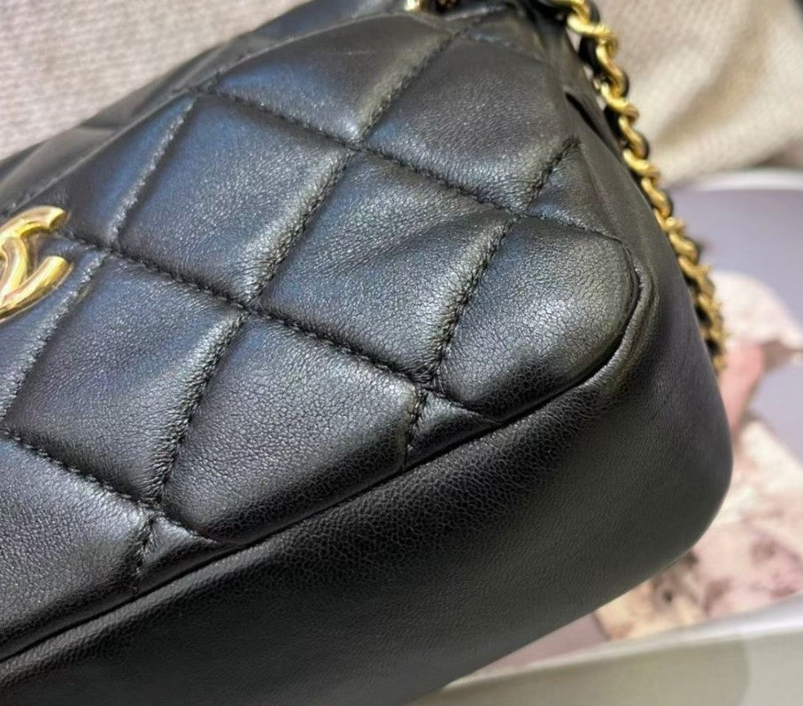 Chanel Diamond PM Camera Case Chain Shoulder Bag Black Gold Women Classic