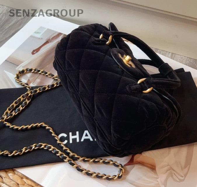 CHANEL CC Logo 25C Velvet Top Handle 2way Shoulder Handbag Black Gold Women