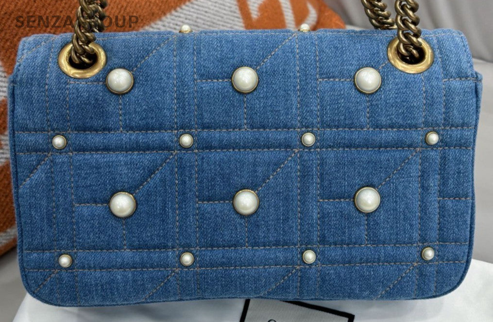 Gucci Marmont Pearl Chain Shoulder Bag Blue Gold Women Classic Designer