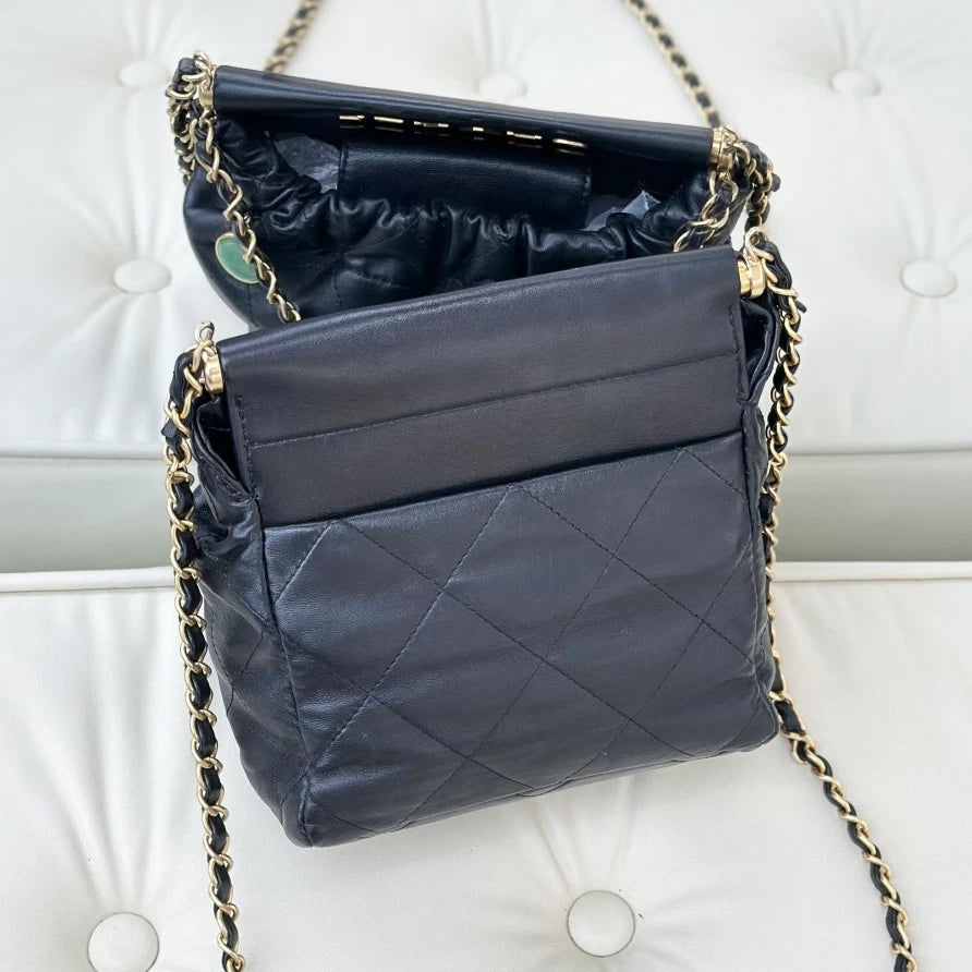 Chanel Lambskin Chain Shoulder Crossbody Bag Black Gold Women Classic S