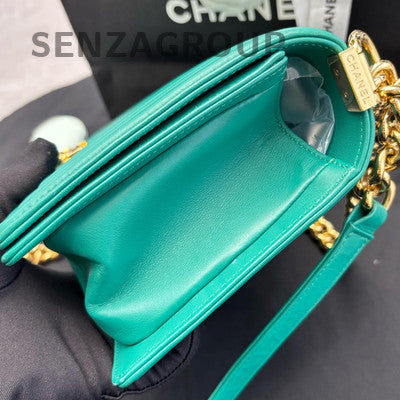Chanel Le Boy Medium V-Stitch Chain Shoulder Bag Green Gold Clasp