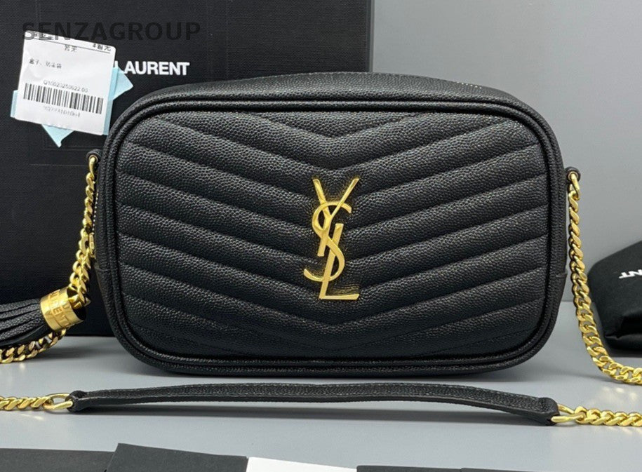 YSL Saint Laurent Tassel Caviar Leather Shoulder Camera Bag Black Women