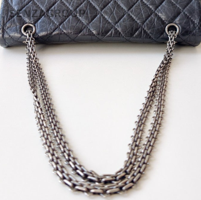 Chanel 2.55 Chain Calfskin Shoulder Bag Black Silver Women Classic Diamond
