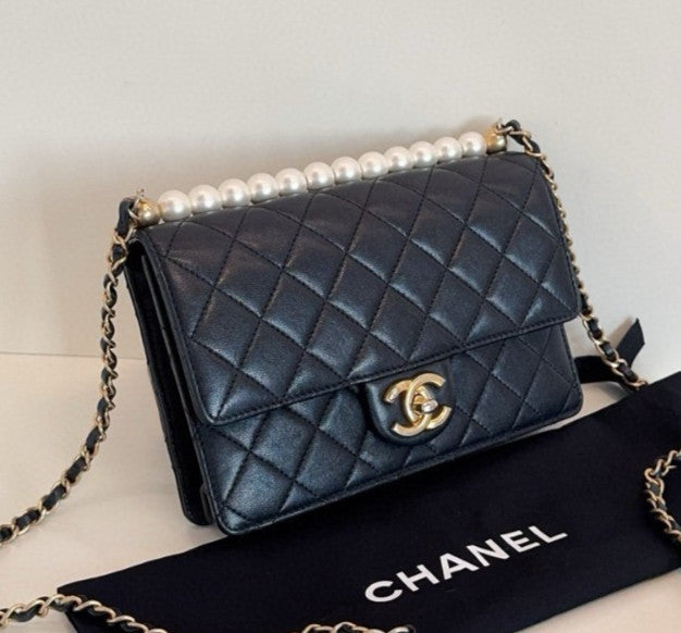 Chanel Classic Flap Pearl Chain Shoulder Bag Crossbody Black Gold Women Fashion