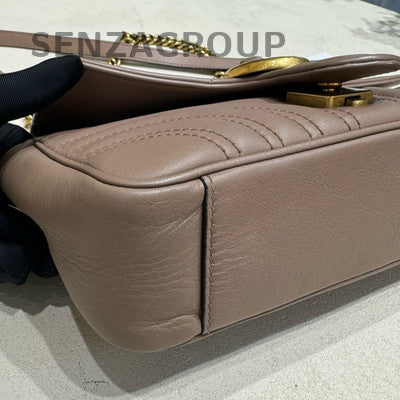 Gucci GG Marmont Mini Chain Shoulder Bag Beige Gold Hardware 22x13x6