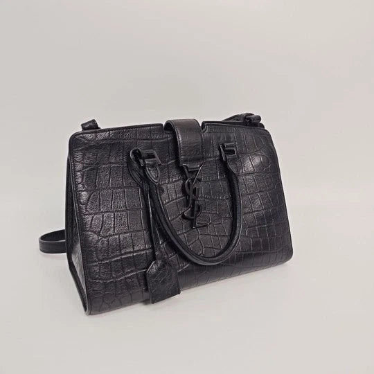 Saint Laurent Black Crocodile Embossed Cabas Shoulder Handbag For Women
