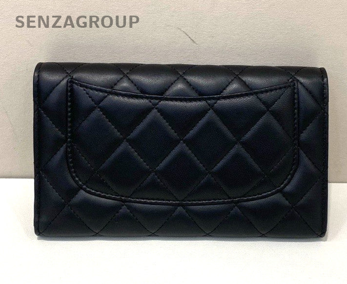 Chanel Diamond Long Wallet Clutch Black Silver Used Women Classic