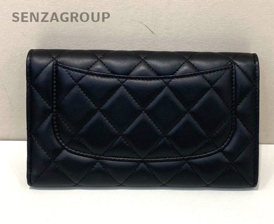 Chanel Diamond Long Wallet Clutch Black Silver Used Women Classic