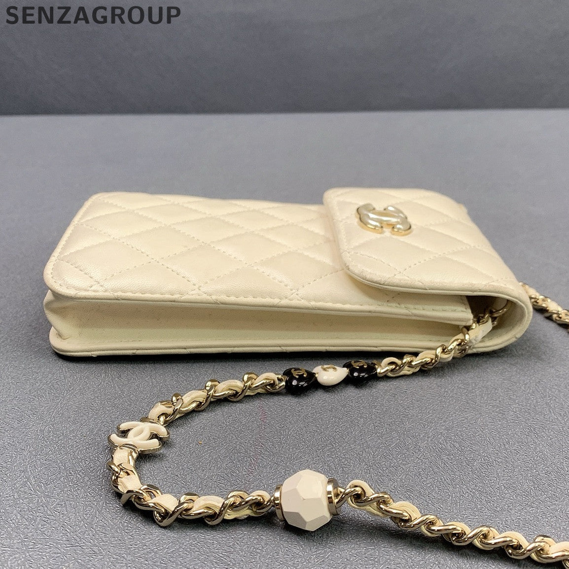Chanel Lambskin Phone Chain Crossbody Bag White Gold Classic Fashion Women
