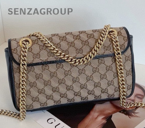 Gucci Marmont Canvas Chain Shoulder Bag Crossbody Brown Gold Women Classic