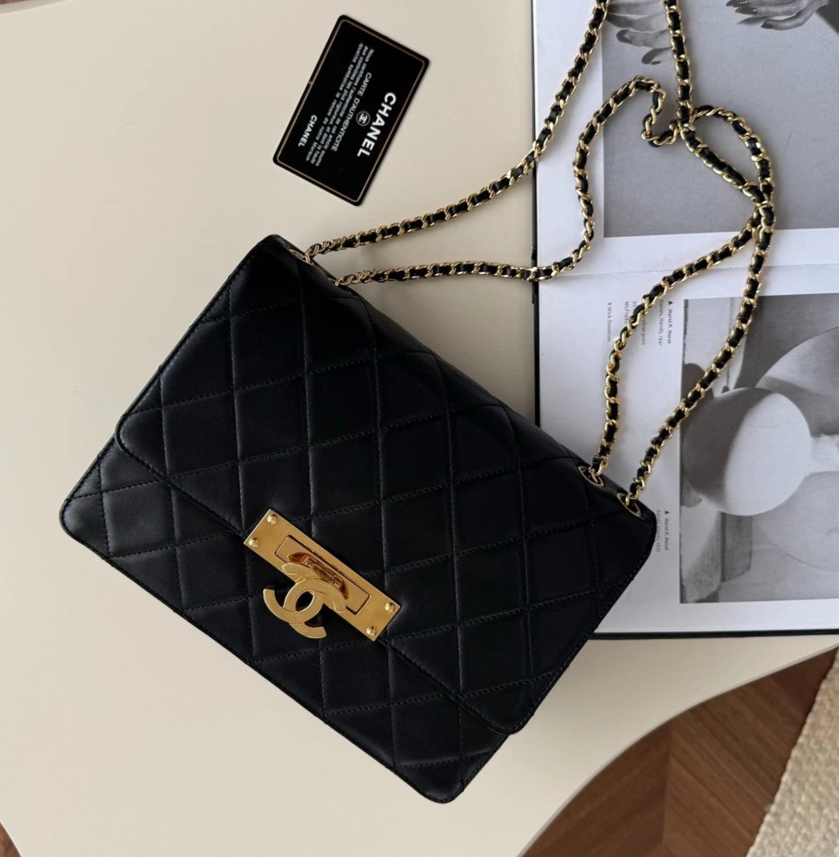 Chanel Metropolitan Diamond Chain Shoulder Crossbody Black Gold Women Classic