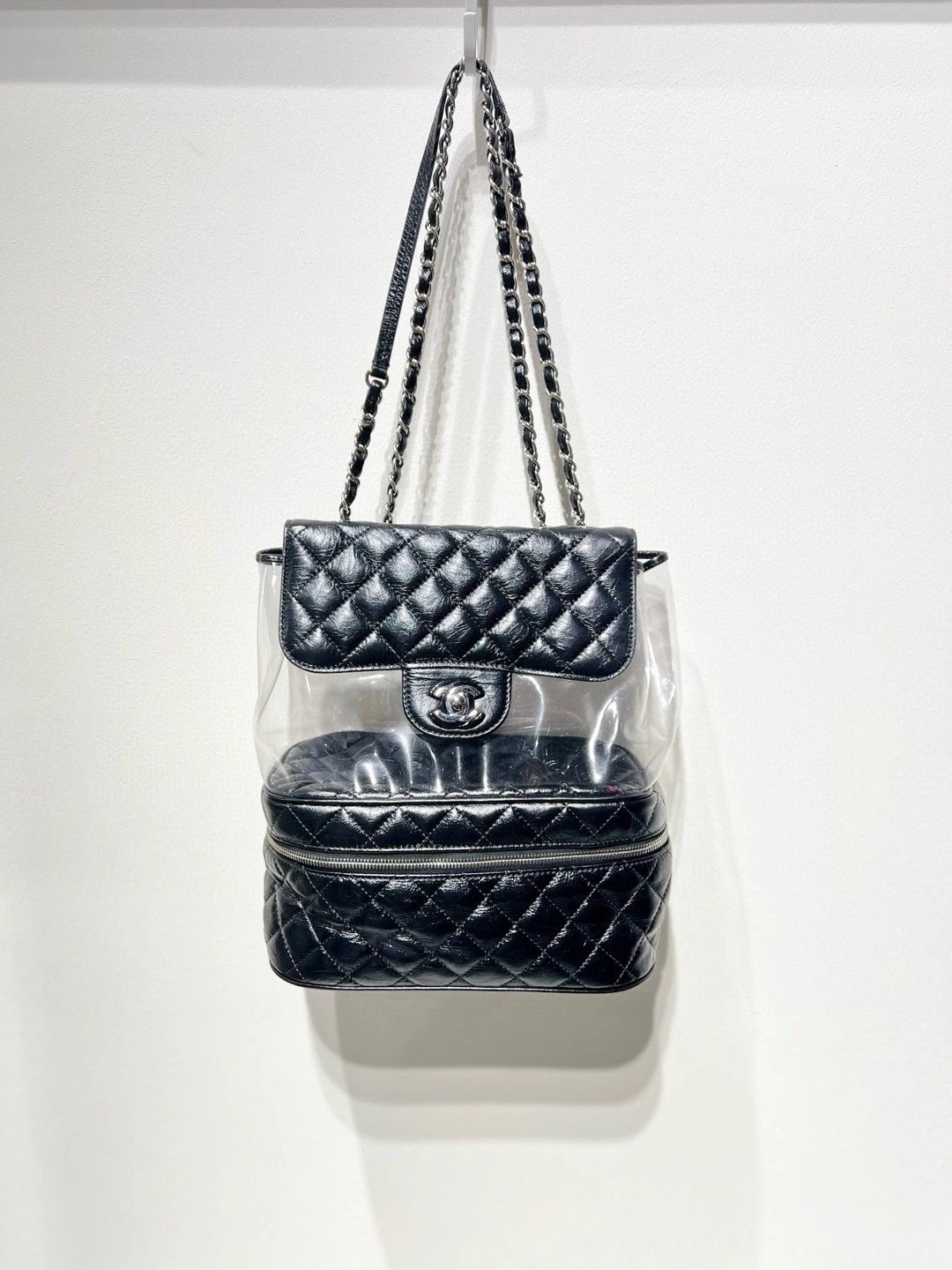 Authentic CHANEL Black Silver PVC Transparent Jelly Shoulder Bag For Women