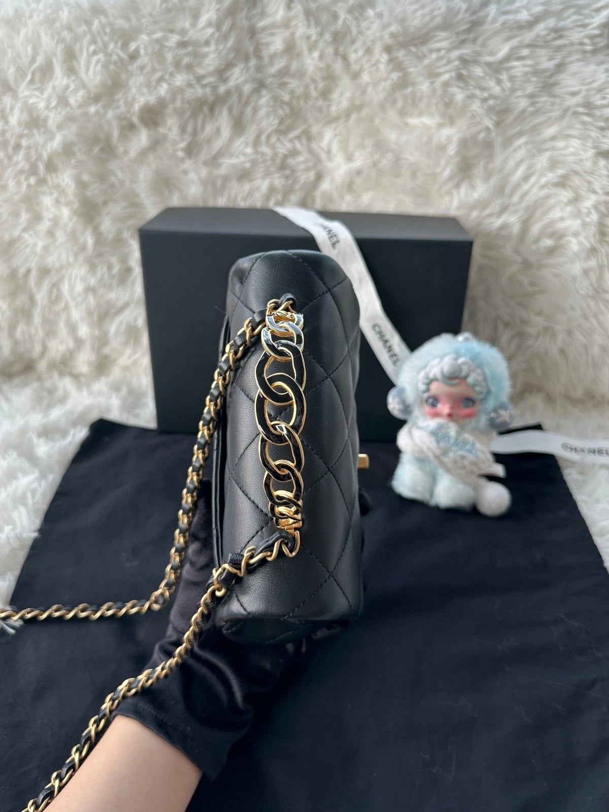 CHANEL Black Gold Lambskin Enamel Handle Crossbody Bag For Women