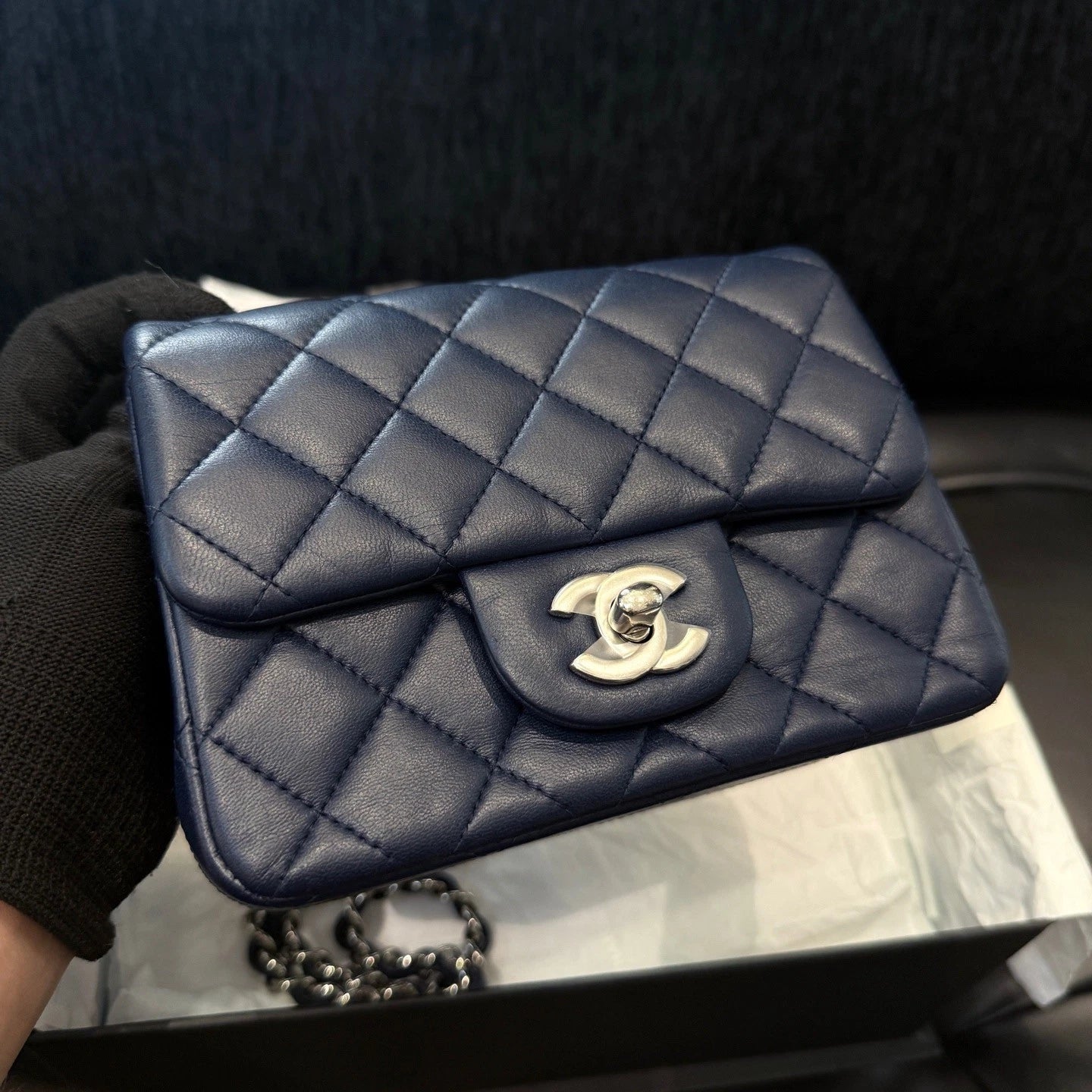 Chanel Classic Flap Lambskin Chain Crossbody Blue Silver Diamond Women Fashion
