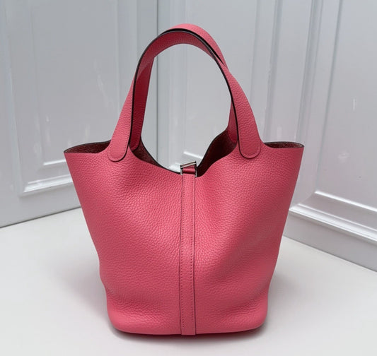 Hermes Picotin22 Top Handle Shoulder Bag Pink Silver Women Classic Fashion