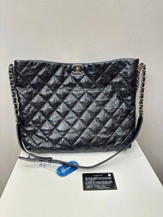 CHANEL Black Silver Oil Wax Leather Hobo Shoulder Bag For Women