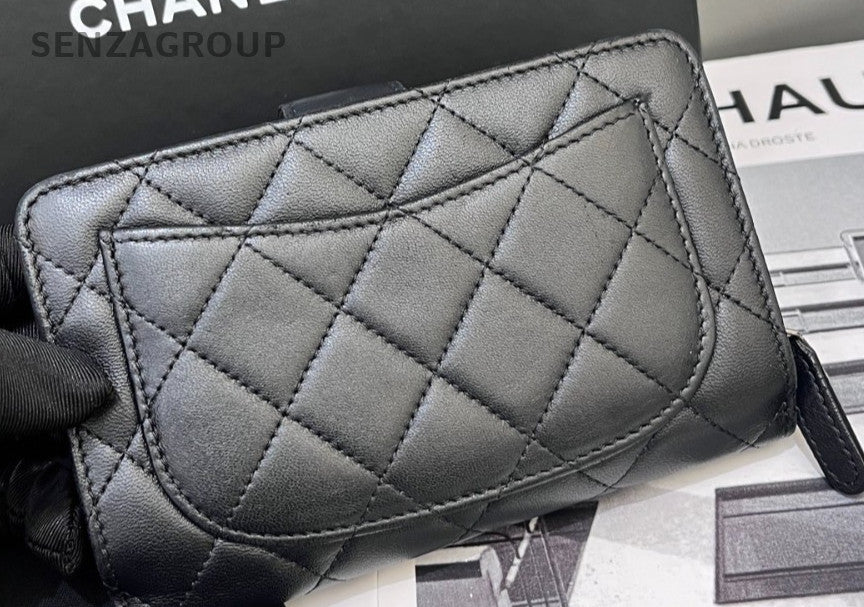 Chanel Lambskin Leather Diamond Pattern Long Wallet Black Silver Used Women