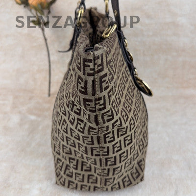 Vintage Fendi Monogram Tote Shoulder Bag Brown Gold Hardware Classic Women
