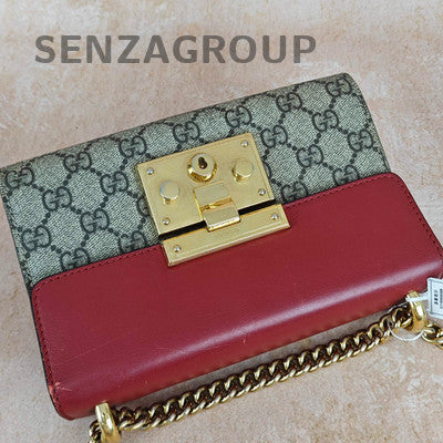 Gucci Padlock Small GG Canvas Chain Shoulder Crossbody Bag Red Brown Gold