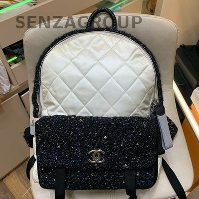 Chanel Cosmic Series Large Sequin & Tweed Backpack White Black Women
