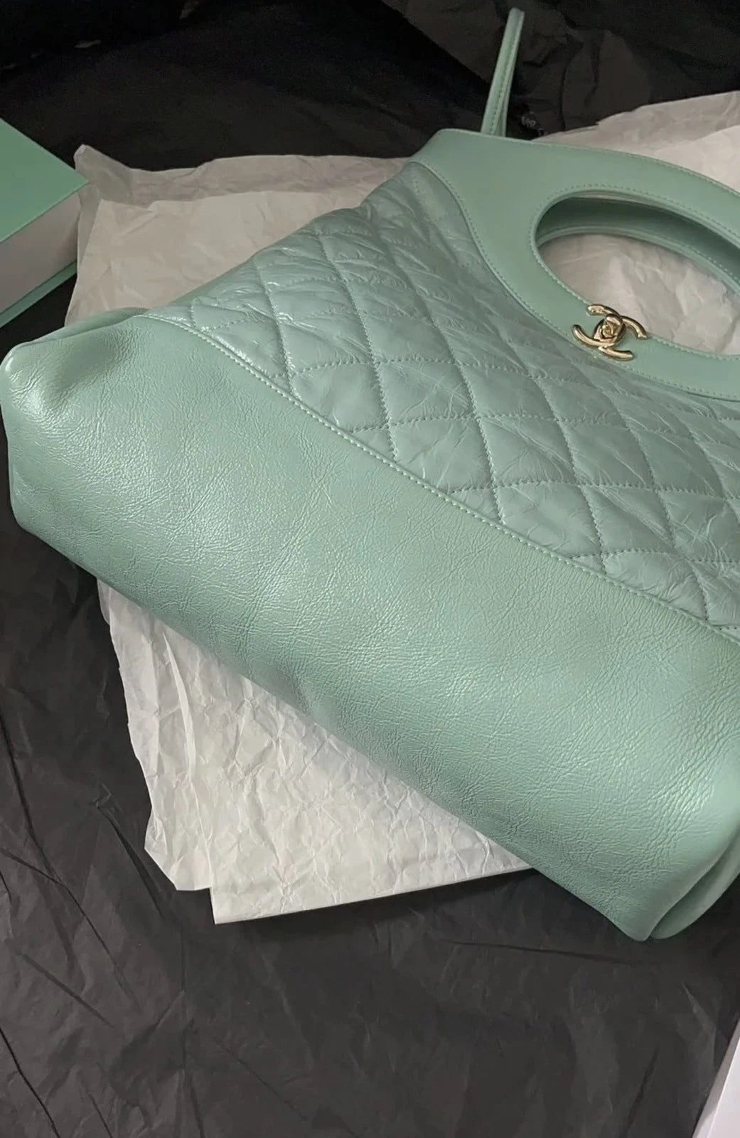 CHANEL 31Bag Small Tote Bag Tiffany Blue Green Gold Hardware Women