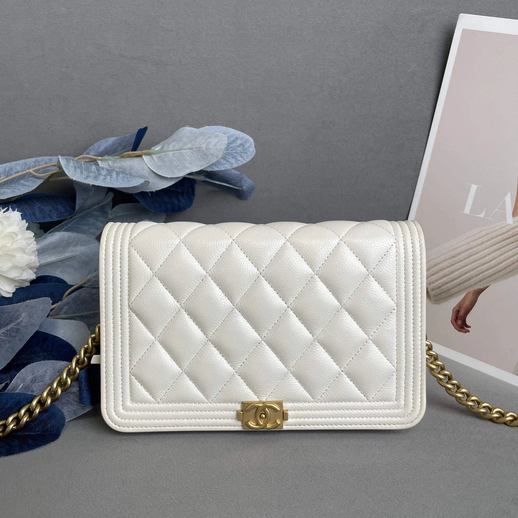 CHANEL White Gold Leather LeBoy WOC Crossbody Bag For Women