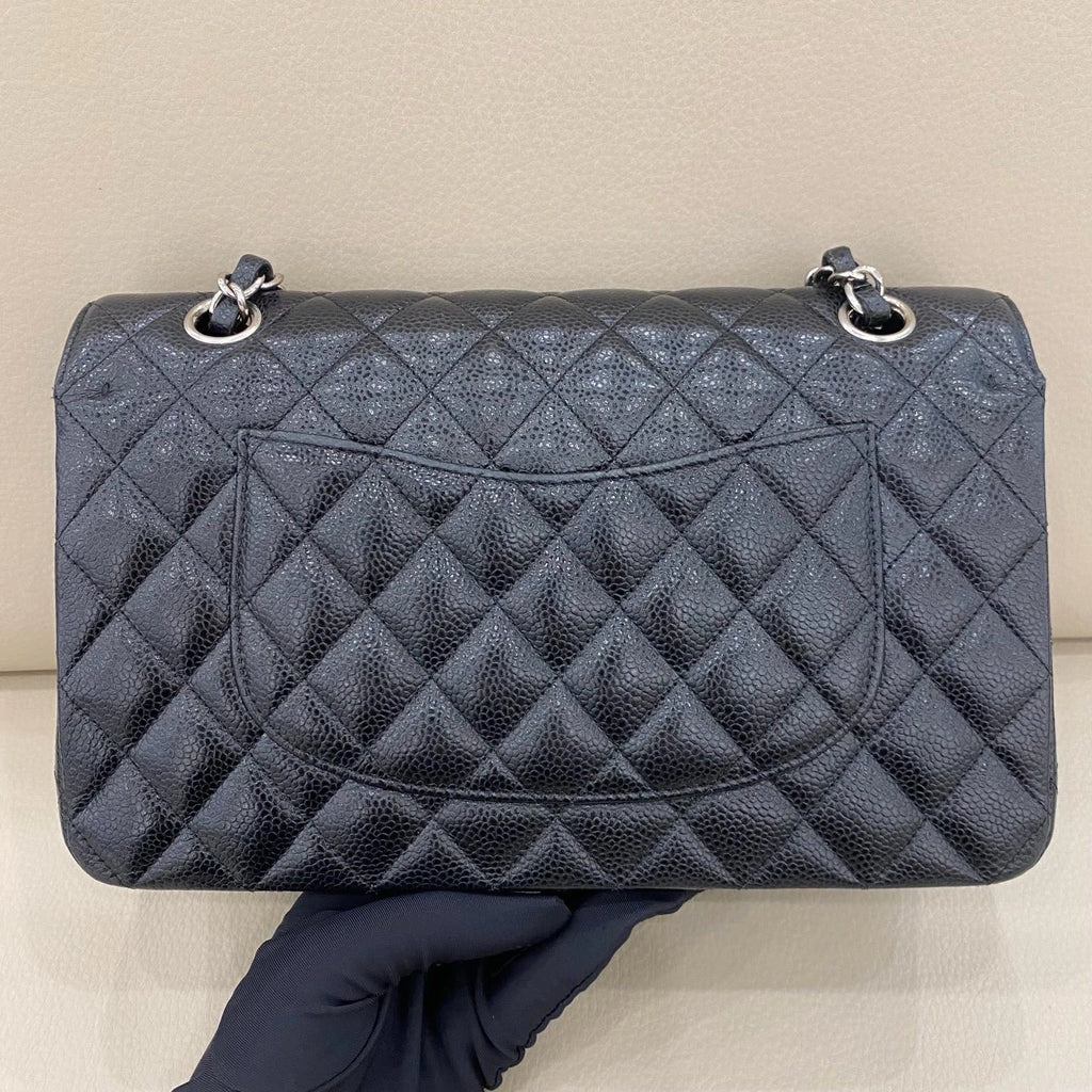 Chanel Classic Flap MM Calfskin Chain Shoulder Crossbody Black Silver Women
