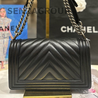 Chanel Le Boy Black Silver Chevron Chain Shoulder Crossbody Bag