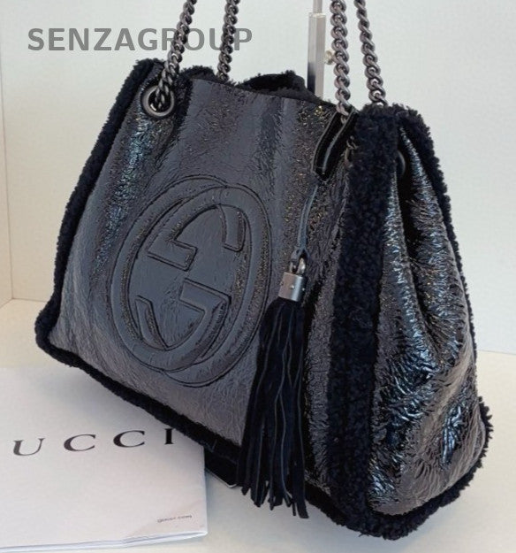 Gucci Soho Tote Chain Lambskin Shoulder Bag Black Silver Women Classic Fashion