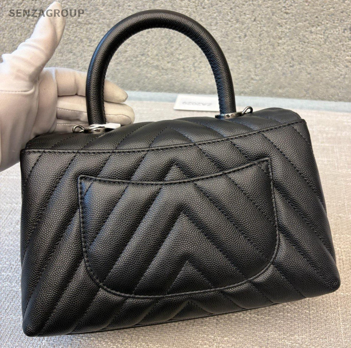 Chanel Coco Handle PM Top Handle Bag Chain Crossbody Chevron Black Silver Women
