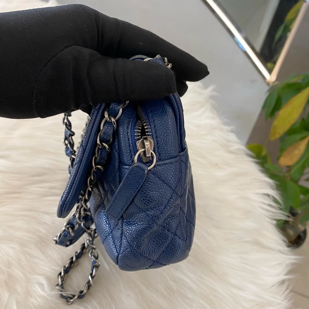 Chanel Classic Flap Chain Shoulder Crossbody Bag Blue Silver