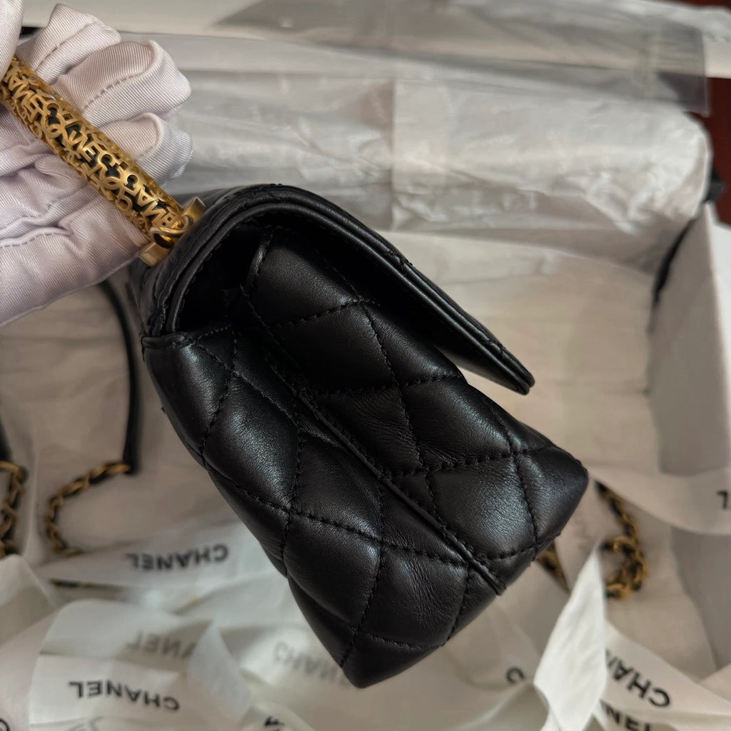 Chanel Cocohandle Mini Chain Lambskin Top Handle Crossbody Black Gold Women