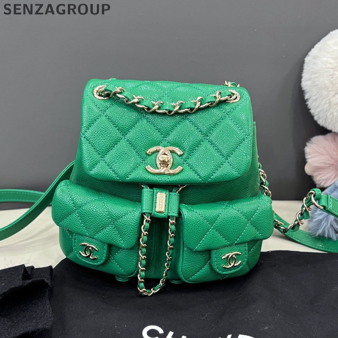 Chanel Duma PM Calfskin Chain Backpack Green Gold Diamond Women Classic