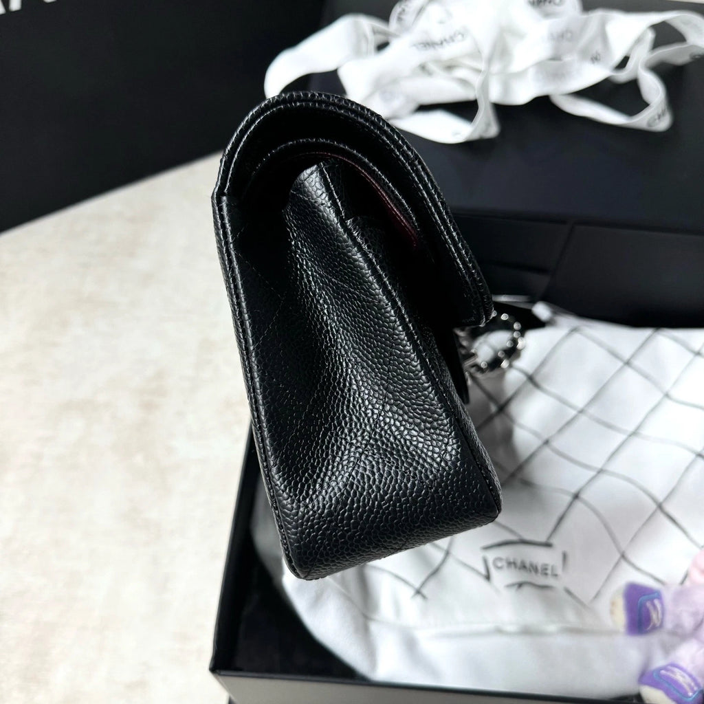 New CHANEL Classic Flap Small Black Calfskin Silver Hardware Bag For Women