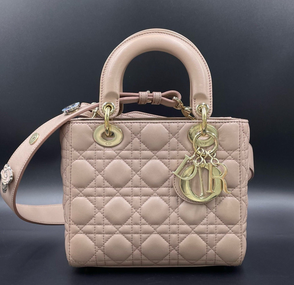 Christian Dior Lady Dior Cannage Top Handle Crossbody Pink Gold Women Classic