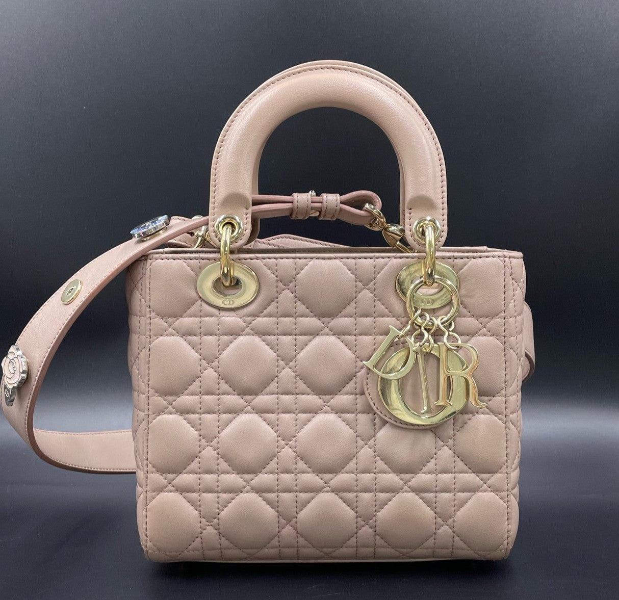 Christian Dior Lady Dior Cannage Top Handle Crossbody Pink Gold Women Classic