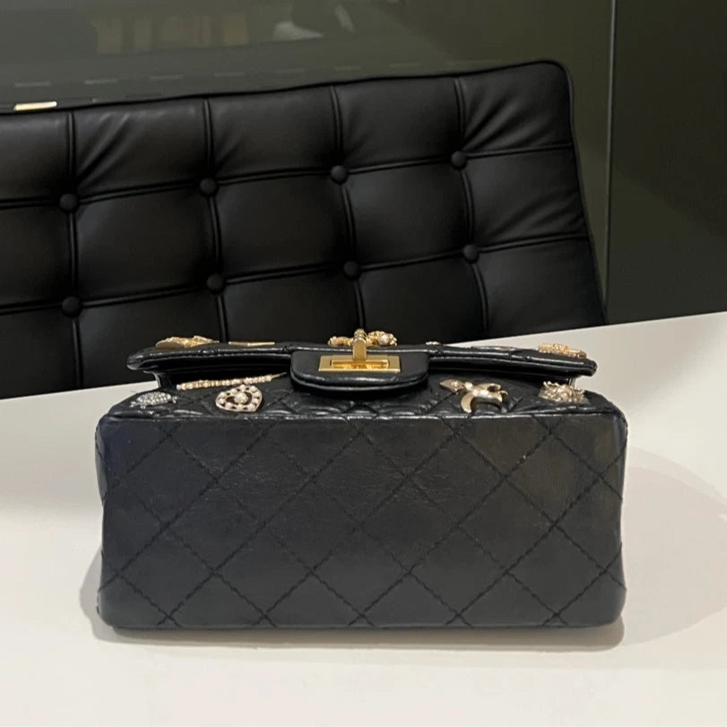 CHANEL 2.55 Mini Black Gold Charm Shoulder Bag