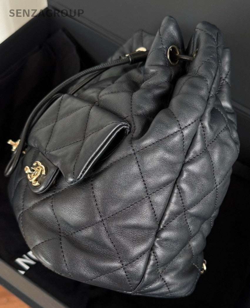 Chanel 23B Diamond Chain Drawstring Backpack Black Gold Women Classic Fashion