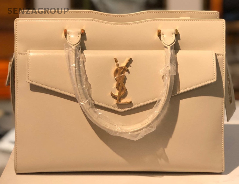Saint Laurent Uptown BOX MM Top Handle Bag White Gold Used Women Classic
