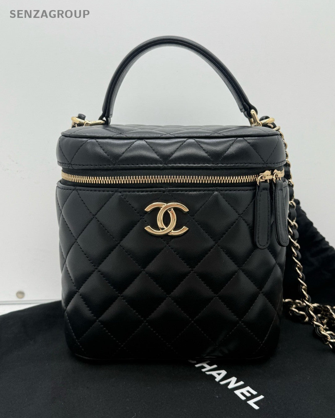 CHANEL Diamond Box Top Handle Lambskin Chain Shoulder Handbag Black Gold Women