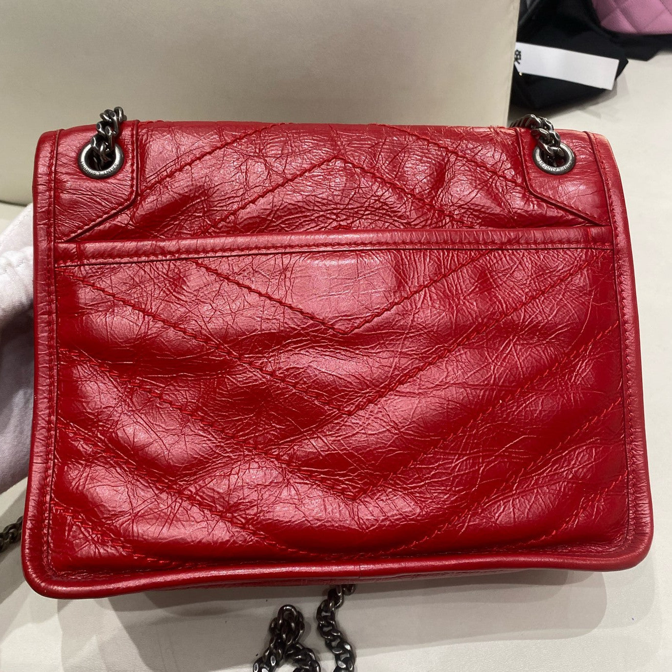 Saint Laurent Niki Small Chain Shoulder Bag Red Silver Classic Women's